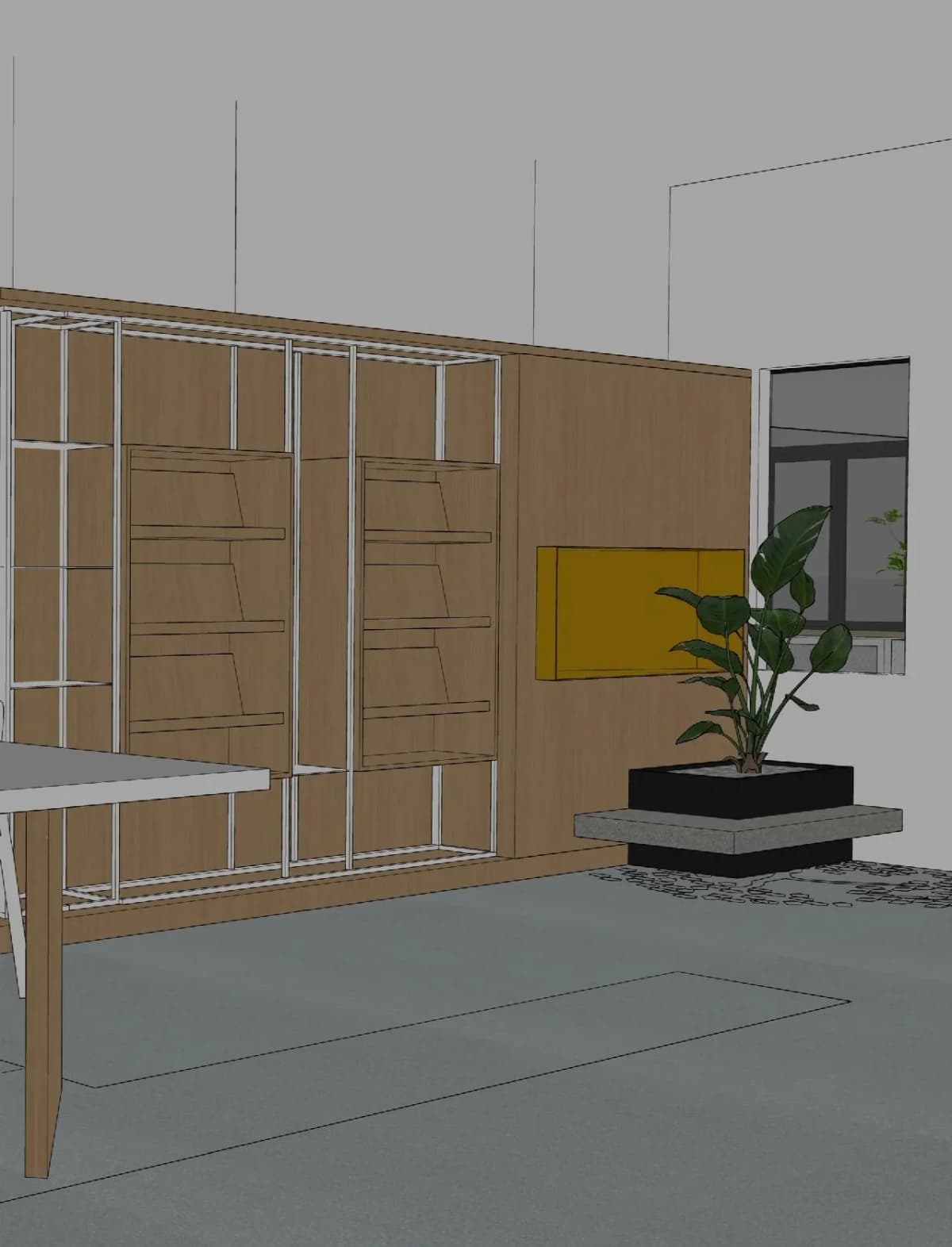 SketchUp interior model view of a timber shelving wall with white metal frames, a yellow wall box, a planter on a stone bench, and a window at right.