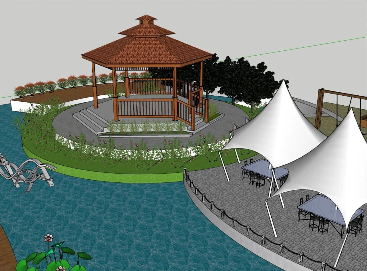Input model view showing a tiered-roof pavilion, curved shoreline, and two white tensile canopies.