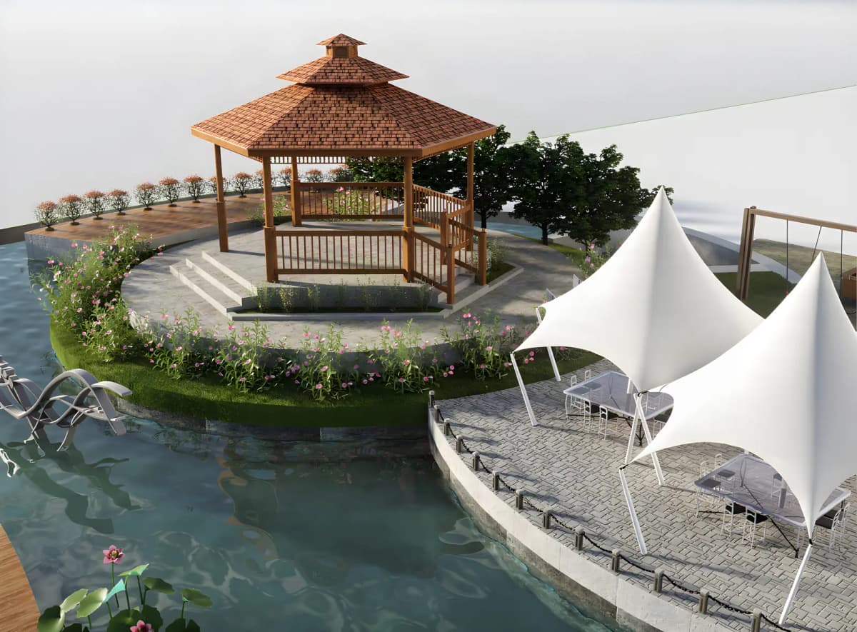 Result showing realistic roof tiles, wood, paving, and water, with denser vegetation and the model background still visible.