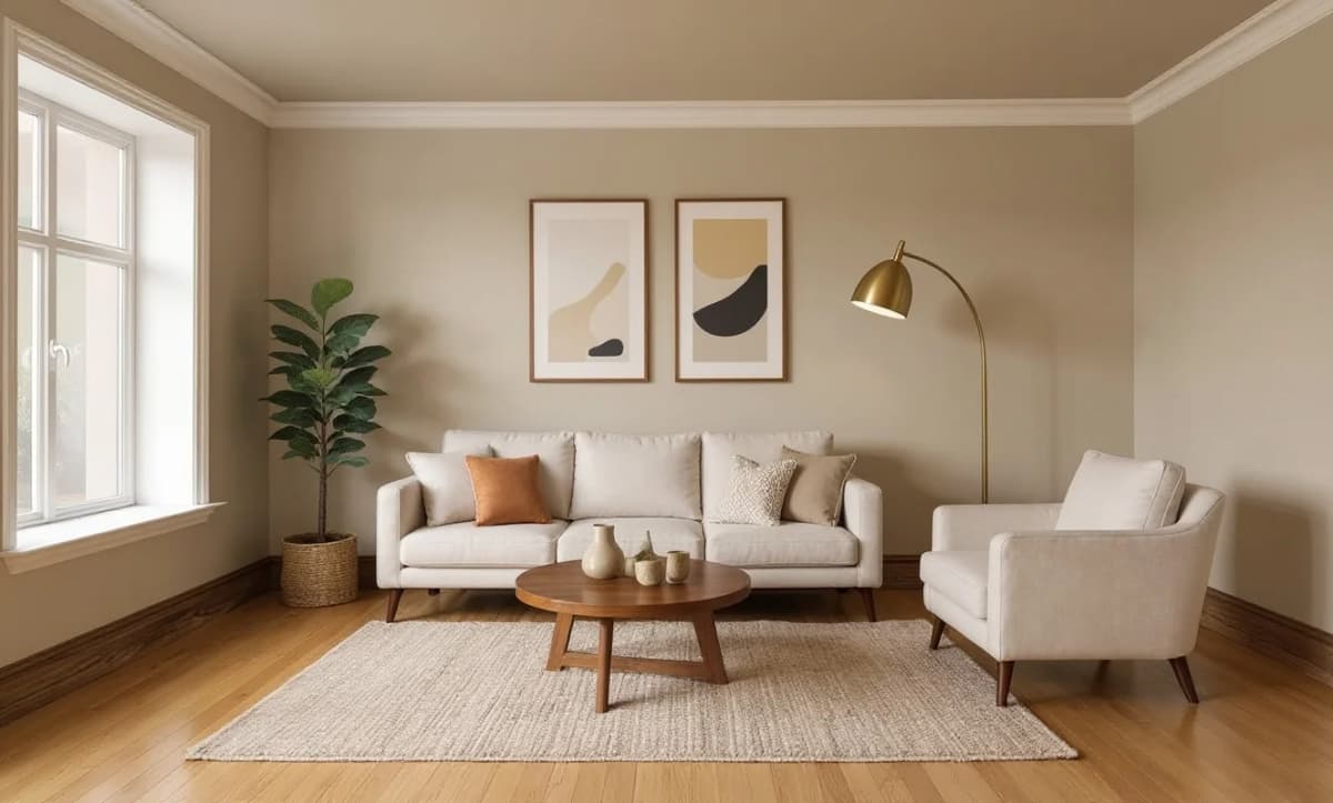 Beige window-lit empty room virtually staged with AI