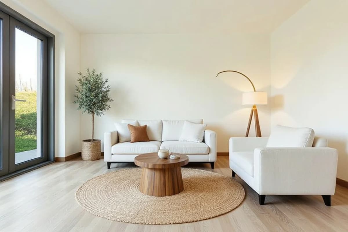 Glass-door empty room virtually staged with AI furniture