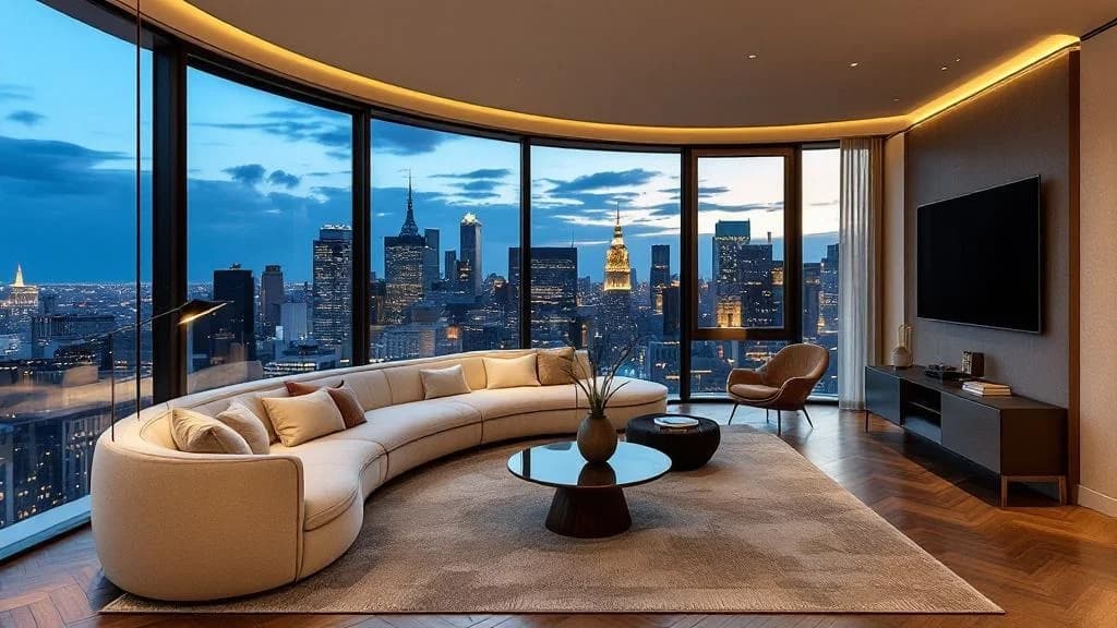 Luxury penthouse living room concept render — premium materials, layered lighting