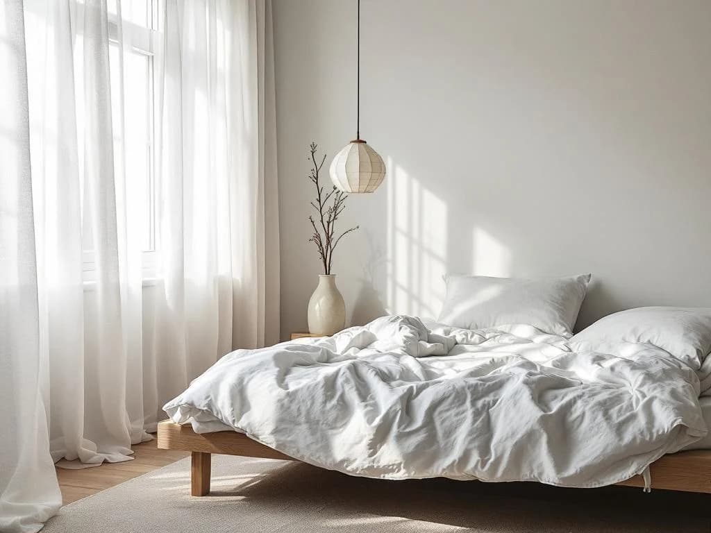 Scandinavian bedroom concept render — soft textiles, calm palette