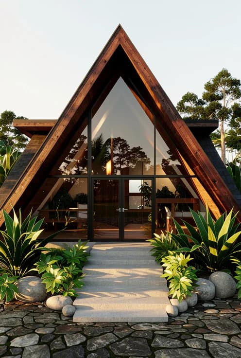 A-frame house AI render from hand sketch