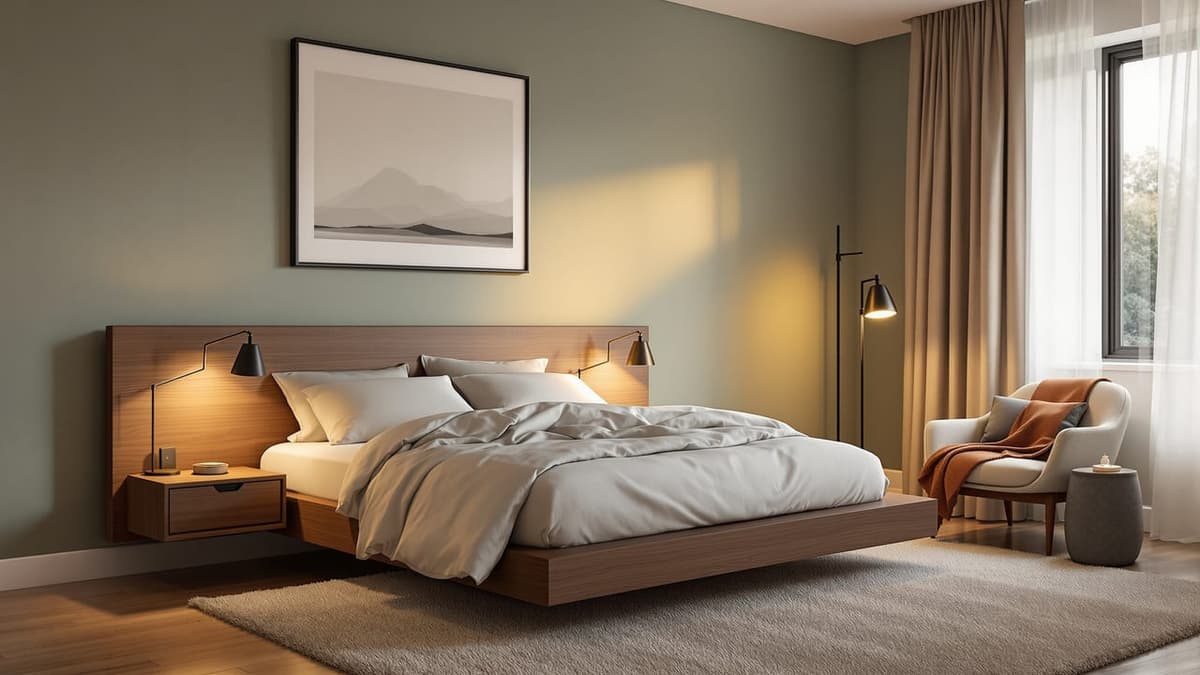 Generated bedroom with a wooden headboard, green wall and light bedding