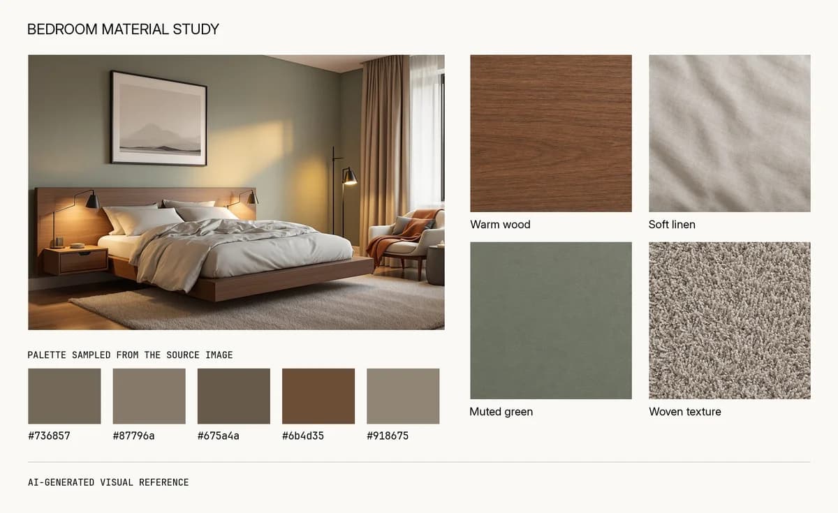 Mood board with the bedroom image, four material references and five color swatches